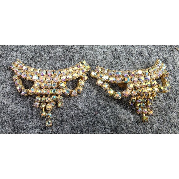 Vtg Gold Tone Rhinestone Double Brooch Set Aurora Borealis Design Jewelry - Picture 1 of 5